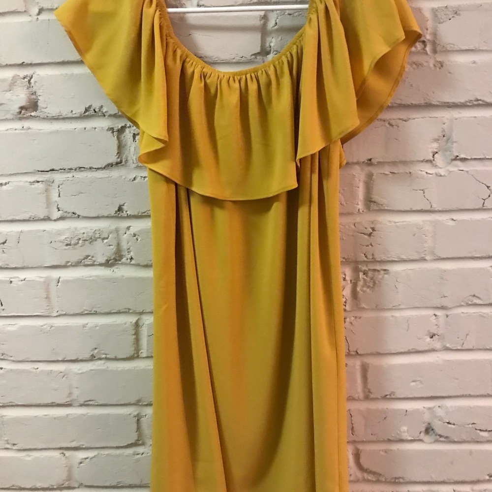 mustard off the shoulder dress